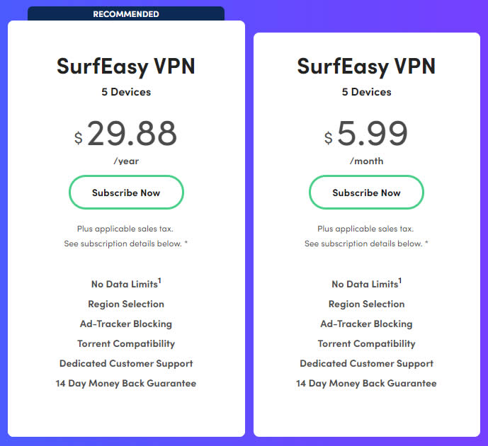 SurfEasy VPN定價計劃